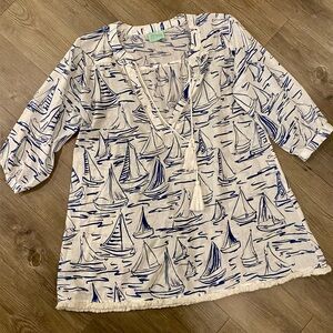 Woven Sailboat Print Tunic Top - Blue/White